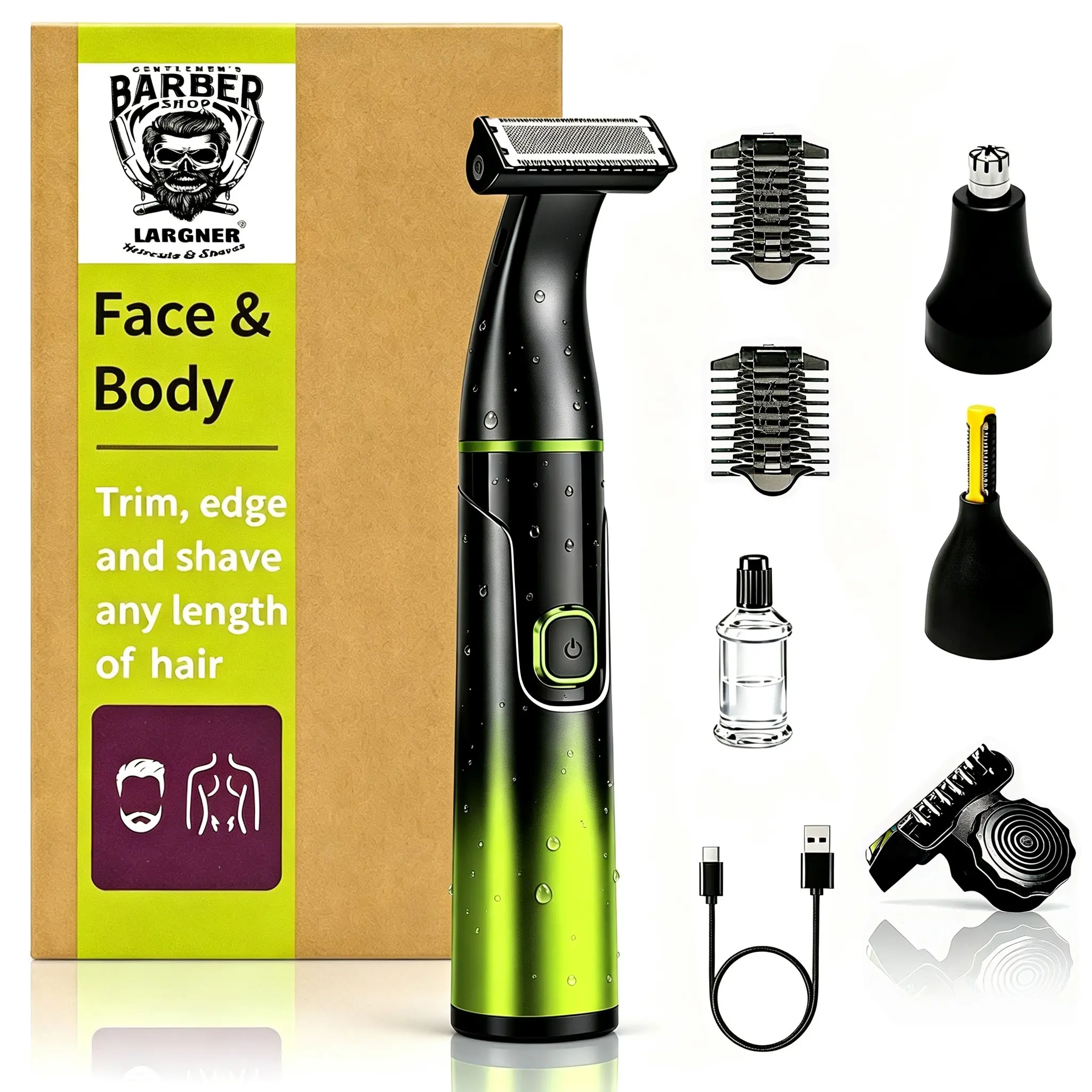 Largner Men's Multi-Function Grooming Kit, Waterproof Electric Beard Trimmer, Nose Hair Clipper, USB Rechargeable, Full Body Hair Remover