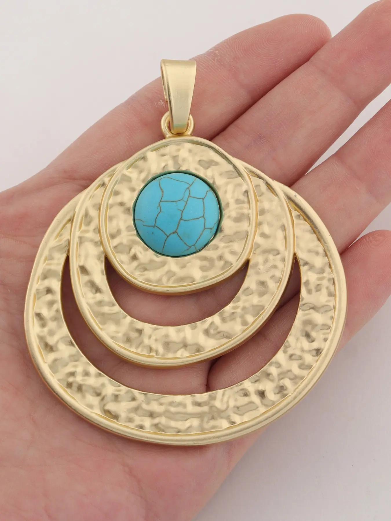 1pc Matte Gold Hammered 3 Layer Concentric Oval Pendant, Crackle Turquoise Stone Inlaid Ethnic Statement Charm, Oversized Boho Western Jewelry Making Supply for Women Bold Necklaces