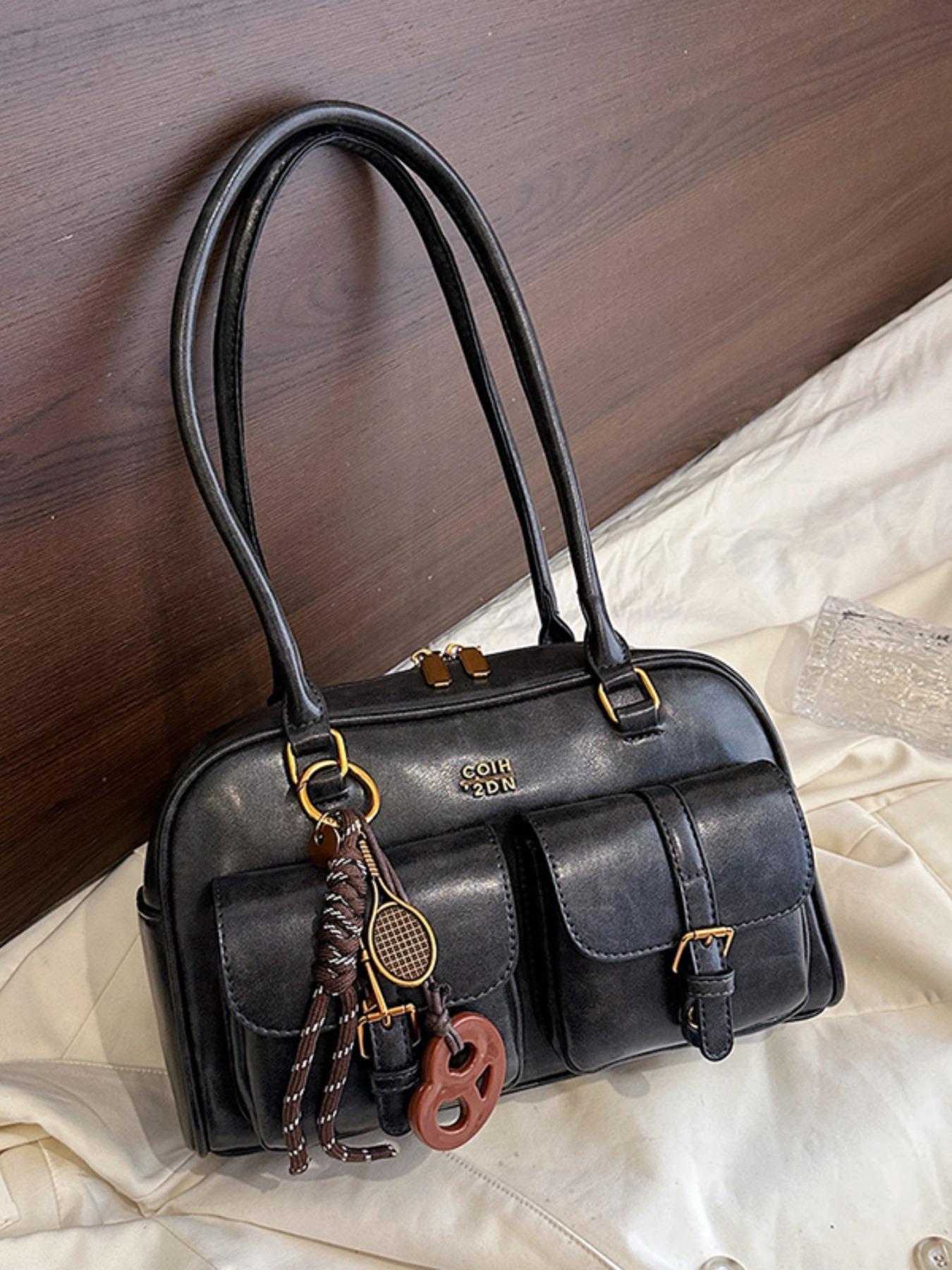 Women's Solid Color Classic Flap Shoulder Bag, Fashionable Large Capacity Shoulder Bag with Charm, Casual Versatile Commuting Bag for Daily Used