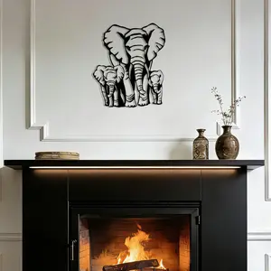 Elephant Family Metal Wall Art, Geometric Elephants Metal Sign, Modern African Metal Wall Decor for Living Room & Home (Black - Elephant Sign-3, 12 x 14 Inch)