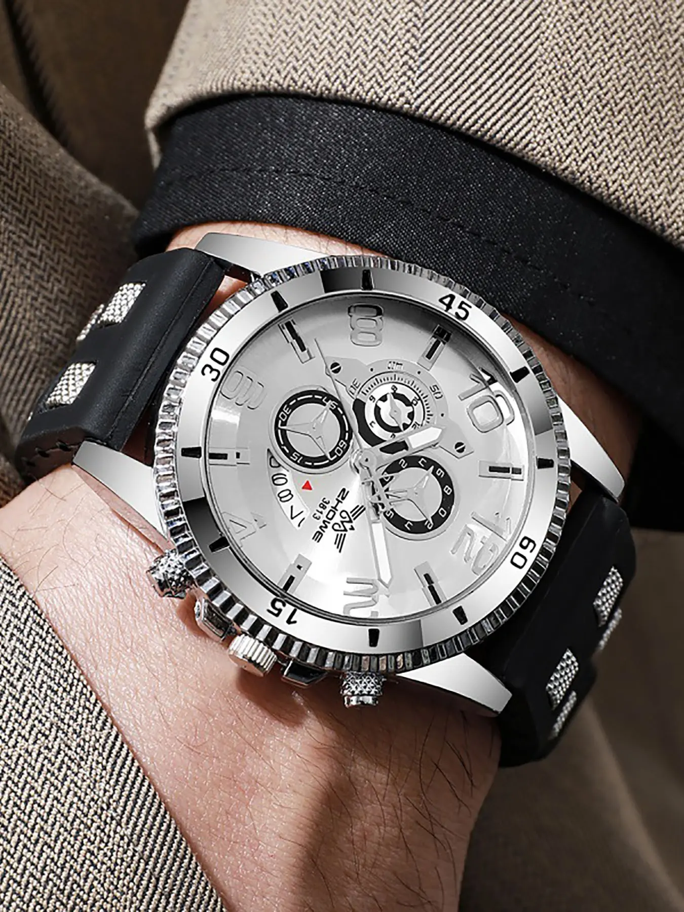 Luxury Men's Sports Watch, Multi-Function Chronograph, Quartz Analog, Large Dial, Rubber Strap, Fashion Casual Business Watch