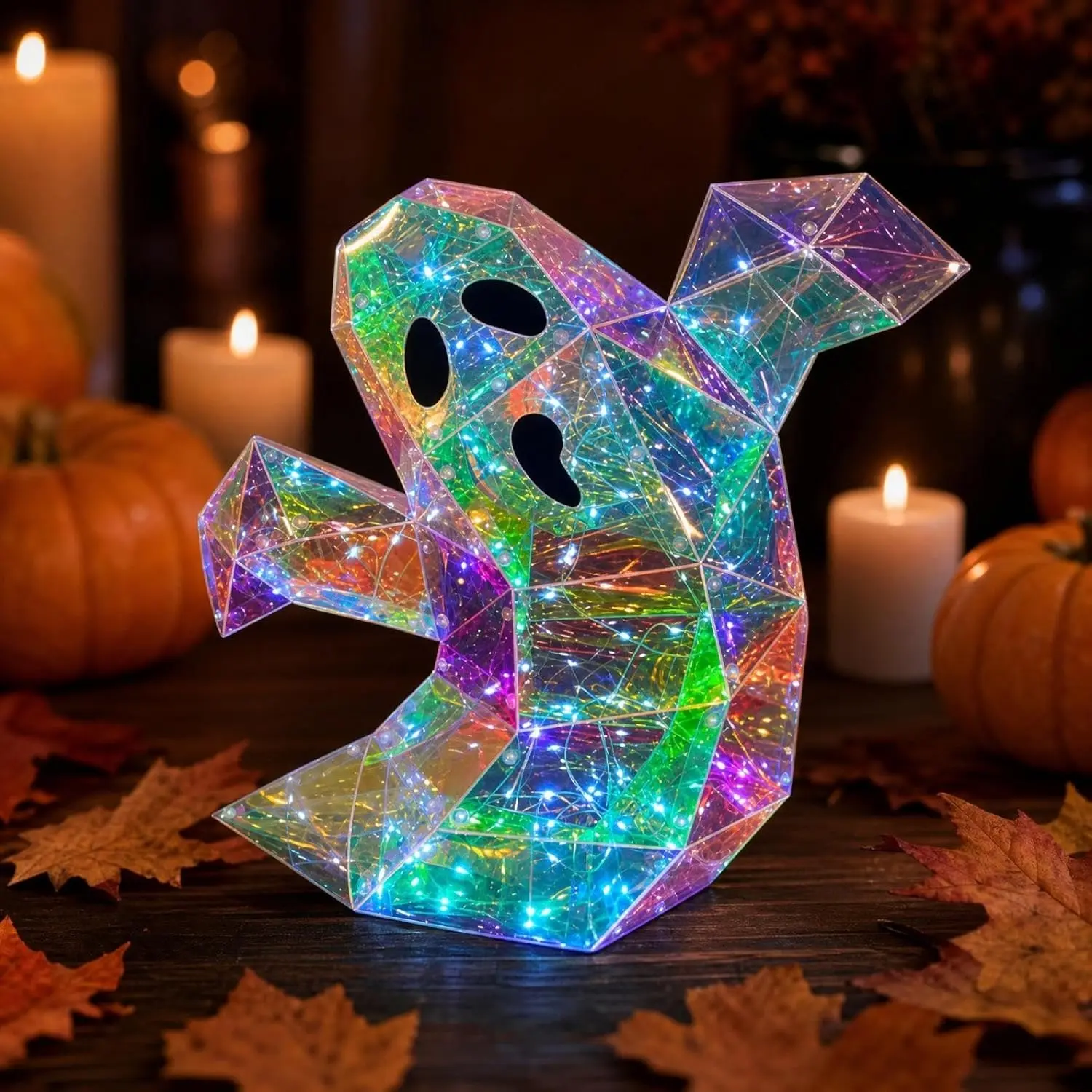 Iridescent Prism Ghost LED Light Decor, Battery Operated Holographic Ghost Lamp, 7.87in Glowing Halloween Ornament for Home & Parties