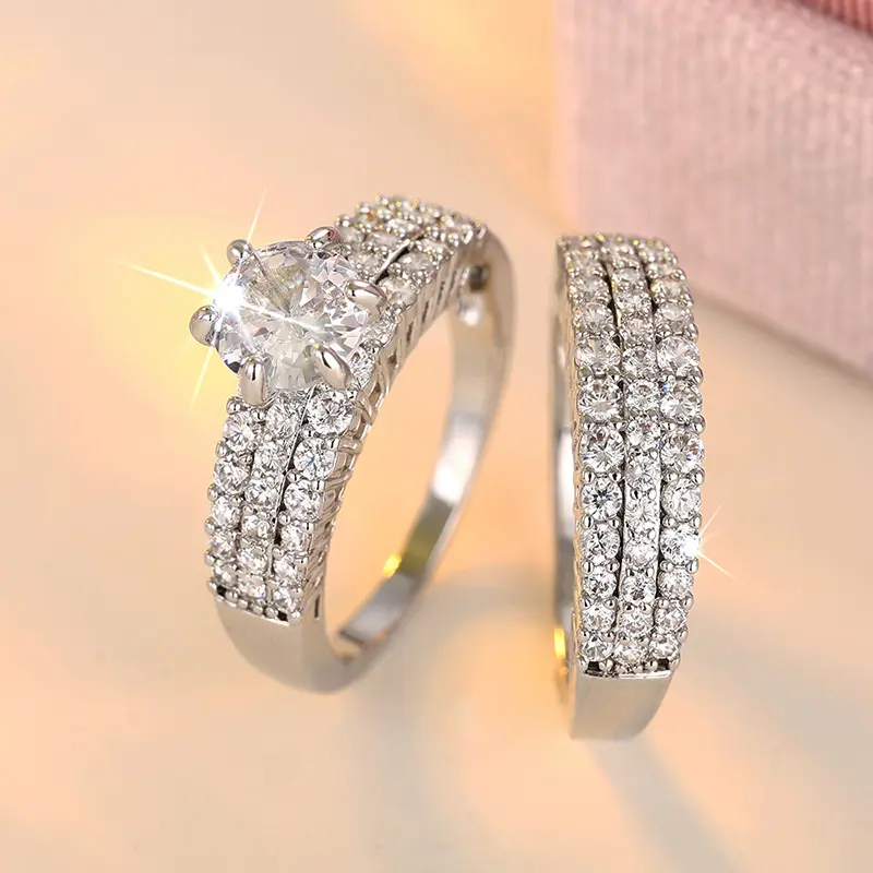 Women's 2-Piece Wedding Ring Set, White Gold Plated Round Solitaire Engagement Ring & Multi-Row Pave Layered Stack Band with Cubic Zirconia, Engagement Rings, Solitaire Ring