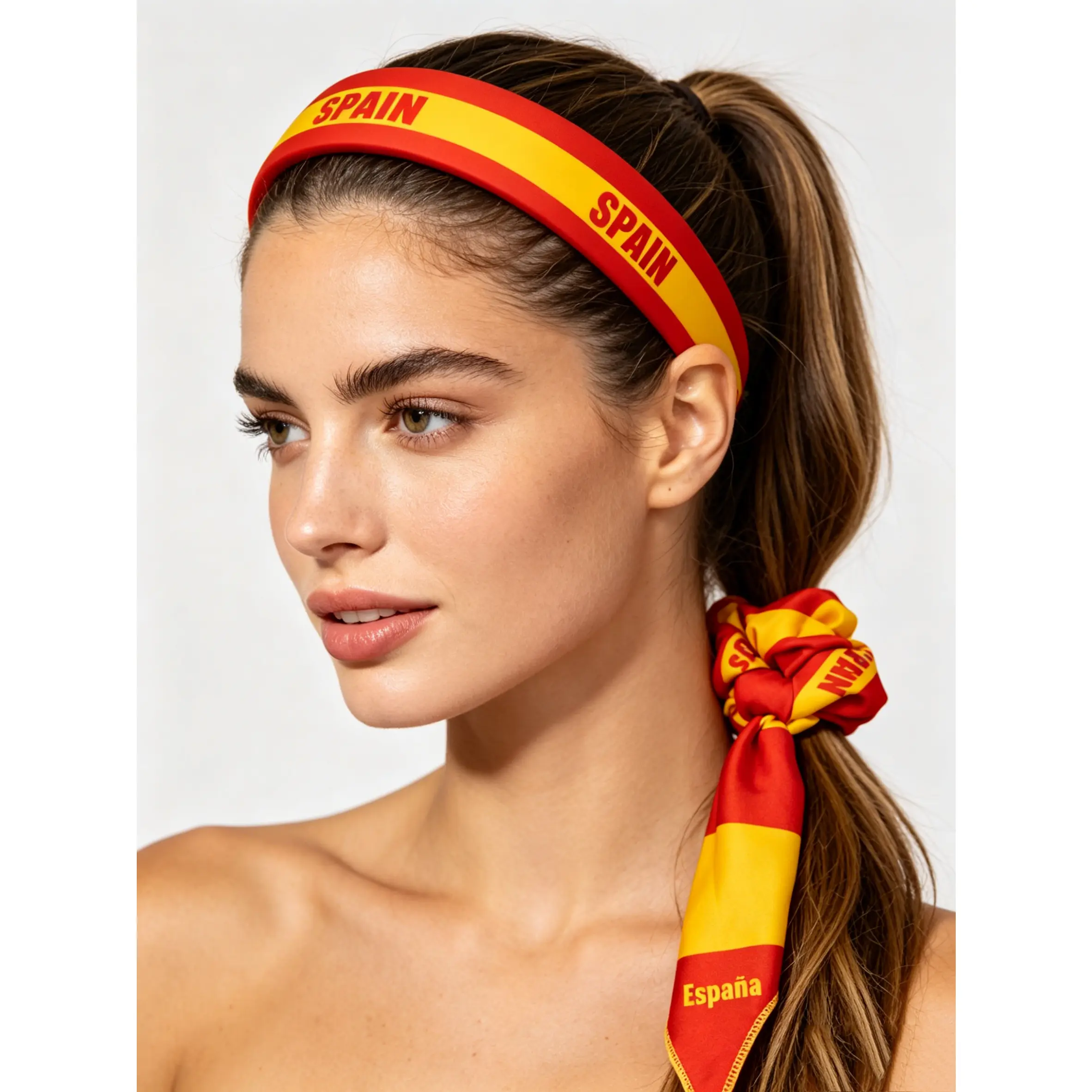 Spain Flag Hair Set: Patriotic Headband, Scarf Scrunchie and 2 Hair Clips, Ideal for Sports Events and Fan Occasions