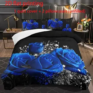 3-piece set of black background blue rose digital printed bedding made of polyester material, including 1 duvet cover and 2 pillowcases (unfilled), is the preferred bedding for bedrooms, dormitories, and famous guests Floral Bedding Set Duvet Cover Sets