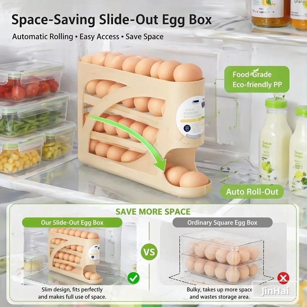 1 Stackable Refrigerator Egg Tray with Automatic Slide-Out Design, Space-Saving and High-Capacity Storage, Transparent PP Material, Freshness-Preserving Kitchenware, Fridge Organization