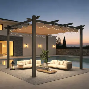 10' x 12' Khaki Outdoor Retractable Pergola, Anti-Rust Metal Frame Patio Shelter with Fully Adjustable Smooth Canopy Roof, Weather Resistant Sun Shade for Backyard, Garden and Poolside