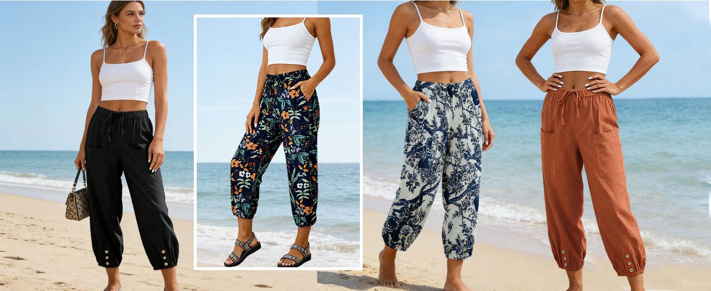 Women's Casual Lantern Tapered Harem Pants Loose Fit Style Flax Ankle Trousers Summer Baggy Slacks with Pocket bottoms outfits