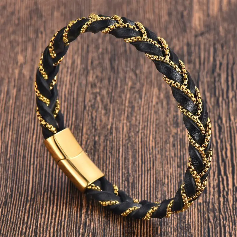 Woven Leather Bracelet for Men - Rope Wrap Stainless Steel Magnetic Clasp, Classic Charm Bangle Gift