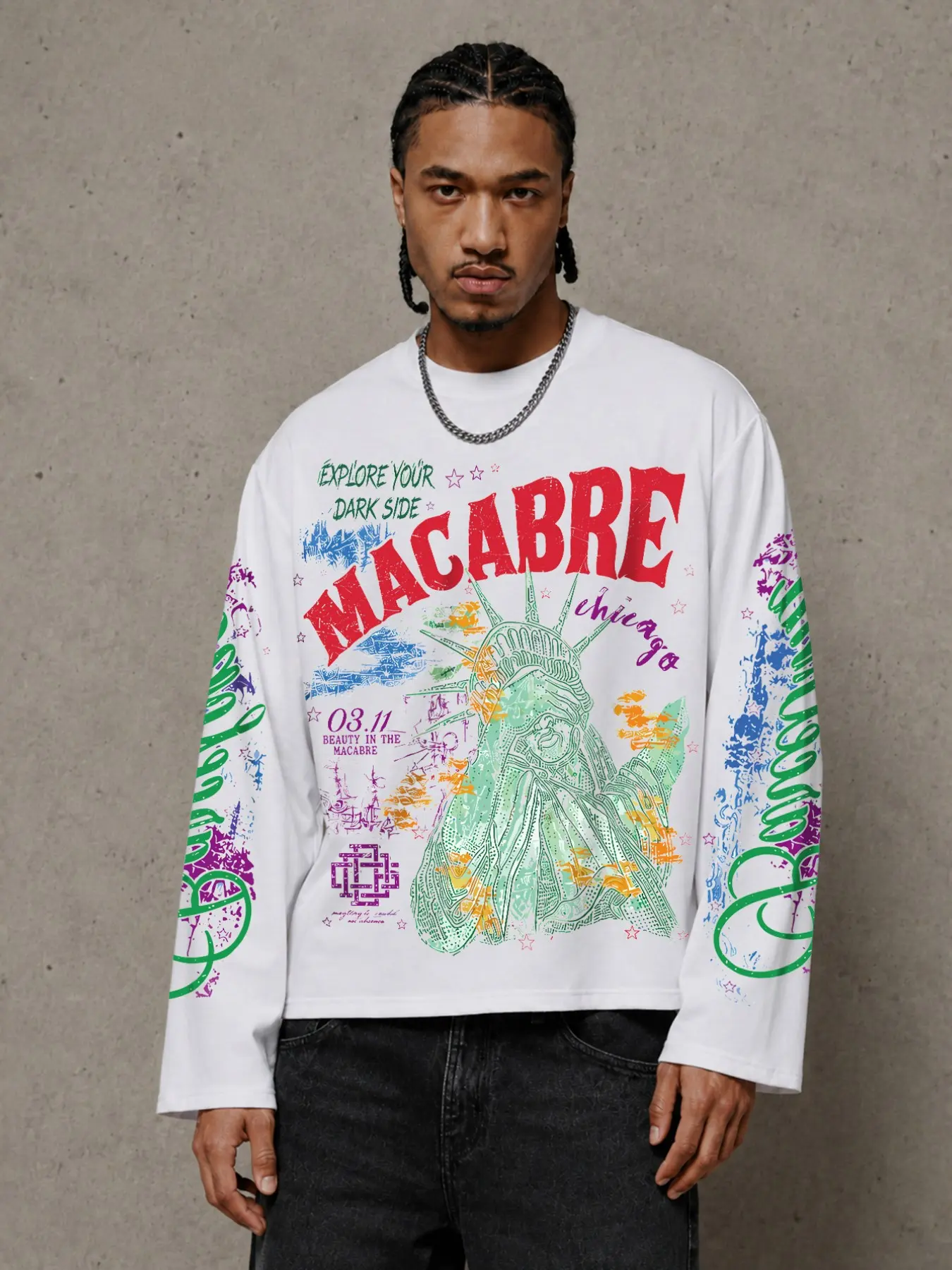 Sweatshirt Men Y2K Vintage White Statue of Liberty Graphic Printed Oversized Long Sleeve Top for Unisex Streetwear Daily Wear