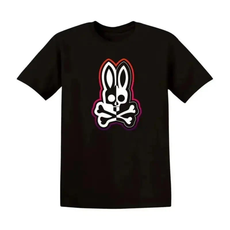 2026 Summer Unisex Oversized Black White Bone Rabbit Graphic Print Casual Tee, Menswear Short-Sleeve Round Neck Streetwear, Breathable Soft Couple Matching Machine Wash Sports Tops, Shortsleeve, Loose