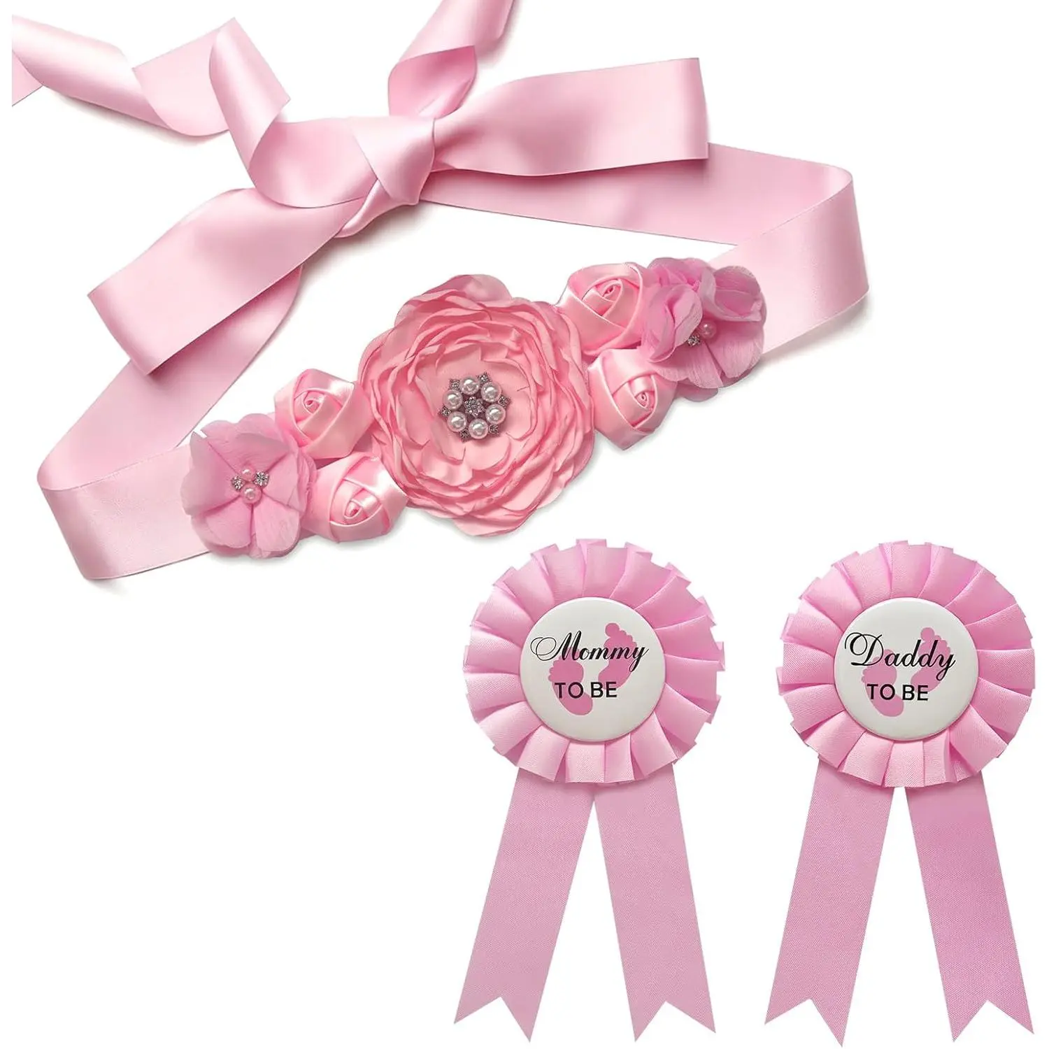 Baby Shower Decor Flower Sash & Mommy-to-Be-Daddy-to-Be Pin Set, Comfortable Party Photo Props for Maternity Shoot, Cute Pink Pregnancy Announcement Gift Kit