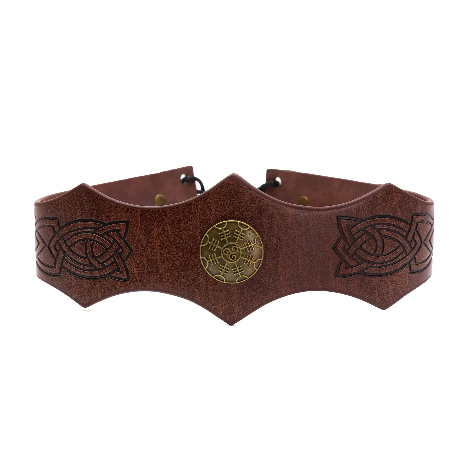 Effortless Vintage Brown Leather Viking Belt Celtic Knot Embossed Wide Waist Cinch Belt Antique Brass Runic Medallion Renaissance Faire Medieval Knight Warrior Cosplay Accessories Halloween Costume