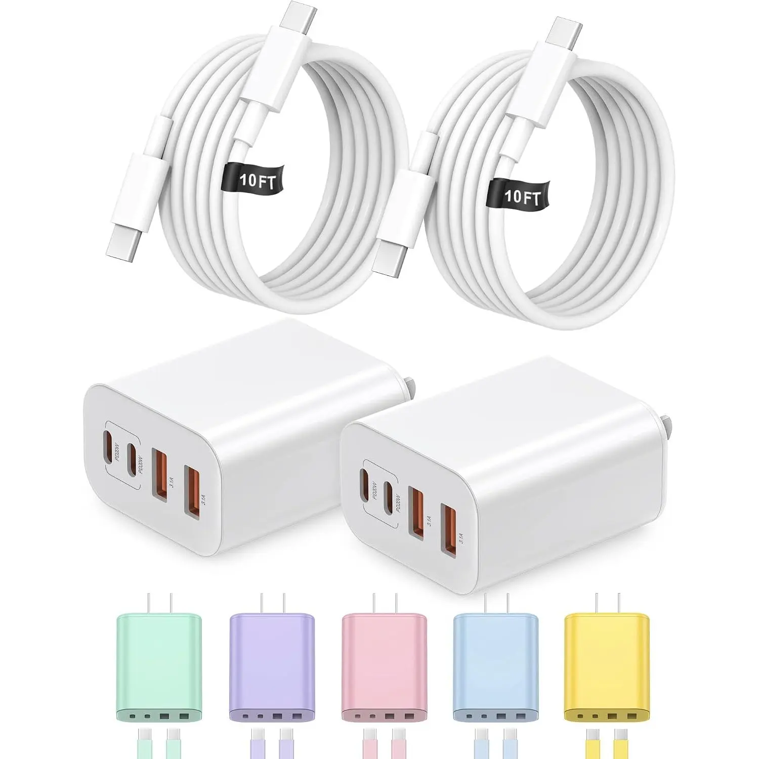 Type C Charger   40W USB C Charger Block  17 16 15 Charger,2-Pack 4-Port  Block with 10FT Multiport Power Block for  Air/iPhone17/16/15 Pro Max/iPad/