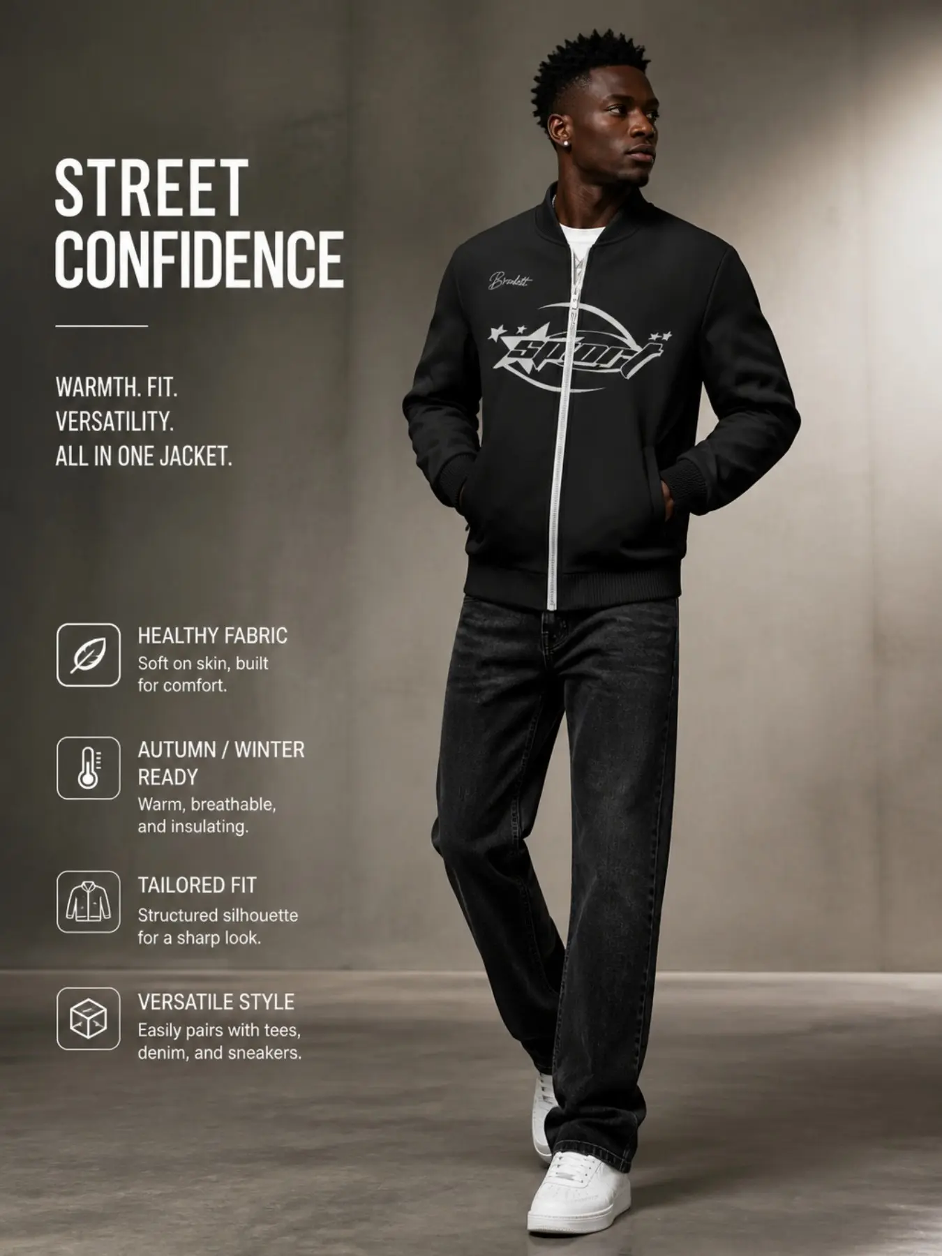 Men's Sport Full Zip Baseball Jacket, Retro Star Print, Windproof, Minimalist Streetwear, Fall & Winter Outerwear