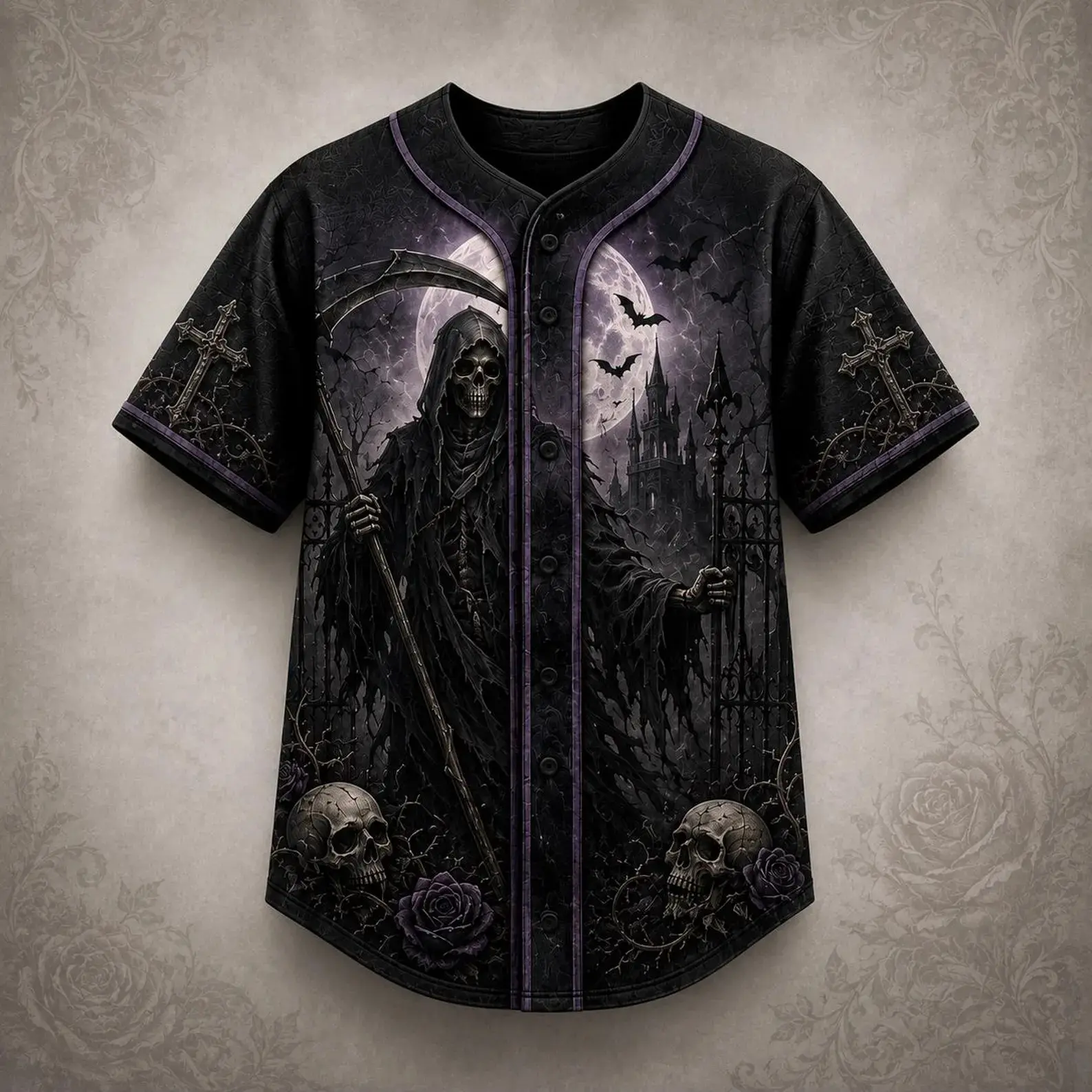 Men Short Sleeve Baseball Jersey Black Gothic Reaper Skull Castle Print Halloween Party Streetwear Casual Top