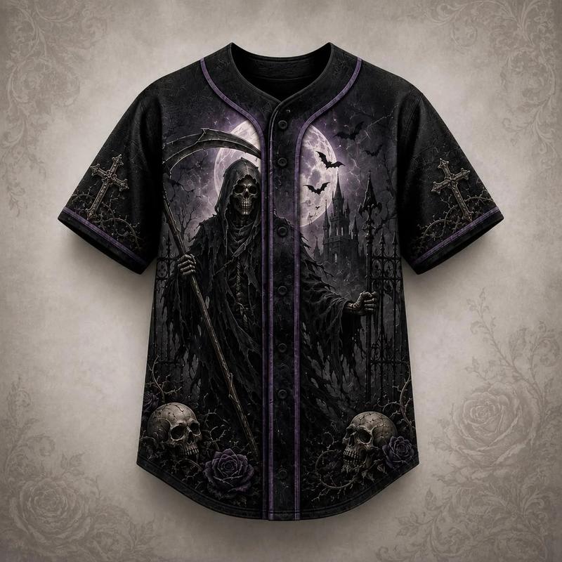 Men's Gothic Print Short-Sleeve Baseball Jersey - Black Reaper Skull Castle Design, Breathable Fabric, Elastic Fit, Multi-Size Male Wear, Professional Sports Top for Halloween Party, Gentle Wash Recommended