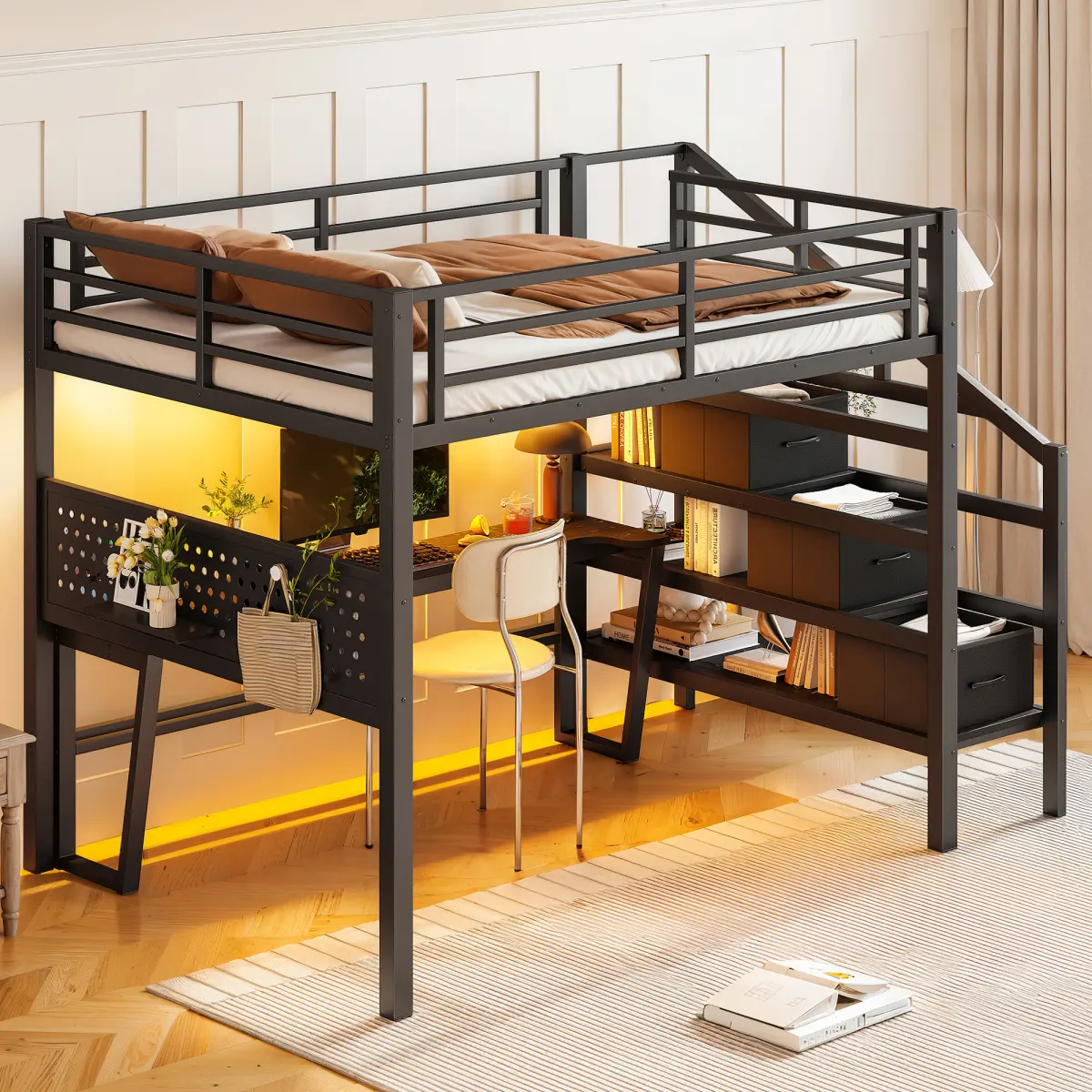 [Bellemave] Full/Queen Metal Loft Bed with Storage Stairs and Movable Desk, 3 Fabric Drawers, USB Charging Station and LED Light, Full-Length Guardrail and Pegboard for Teens