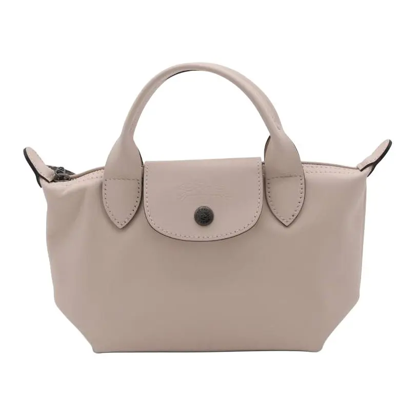 Longchamp Logo Mini Dumpling Bag for Women – Calfskin Crossbody Shoulder Handbag in Paper Color with Dark Silver Hardware