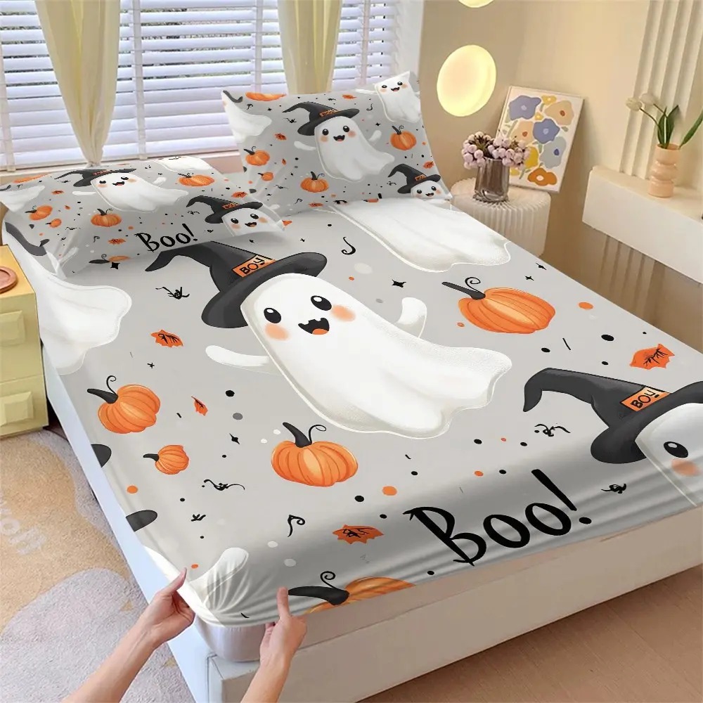 Halloween Wizard Ghost Bed Sheet Set, 3-Piece Cartoon Bedding, Deep Full Elastic Mattress Protector, Kids Bedroom Decor