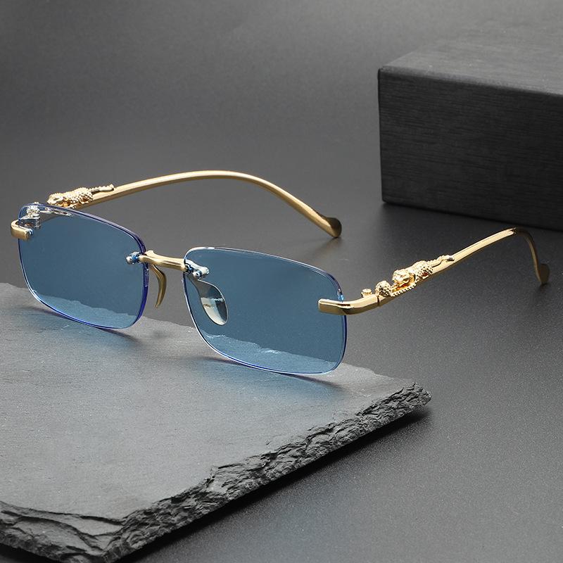 2025 New Trendy Women Men Metal Temple Eyewear Rectangle Frameless Glasses Retro Rimless Square Sunglasses Shades