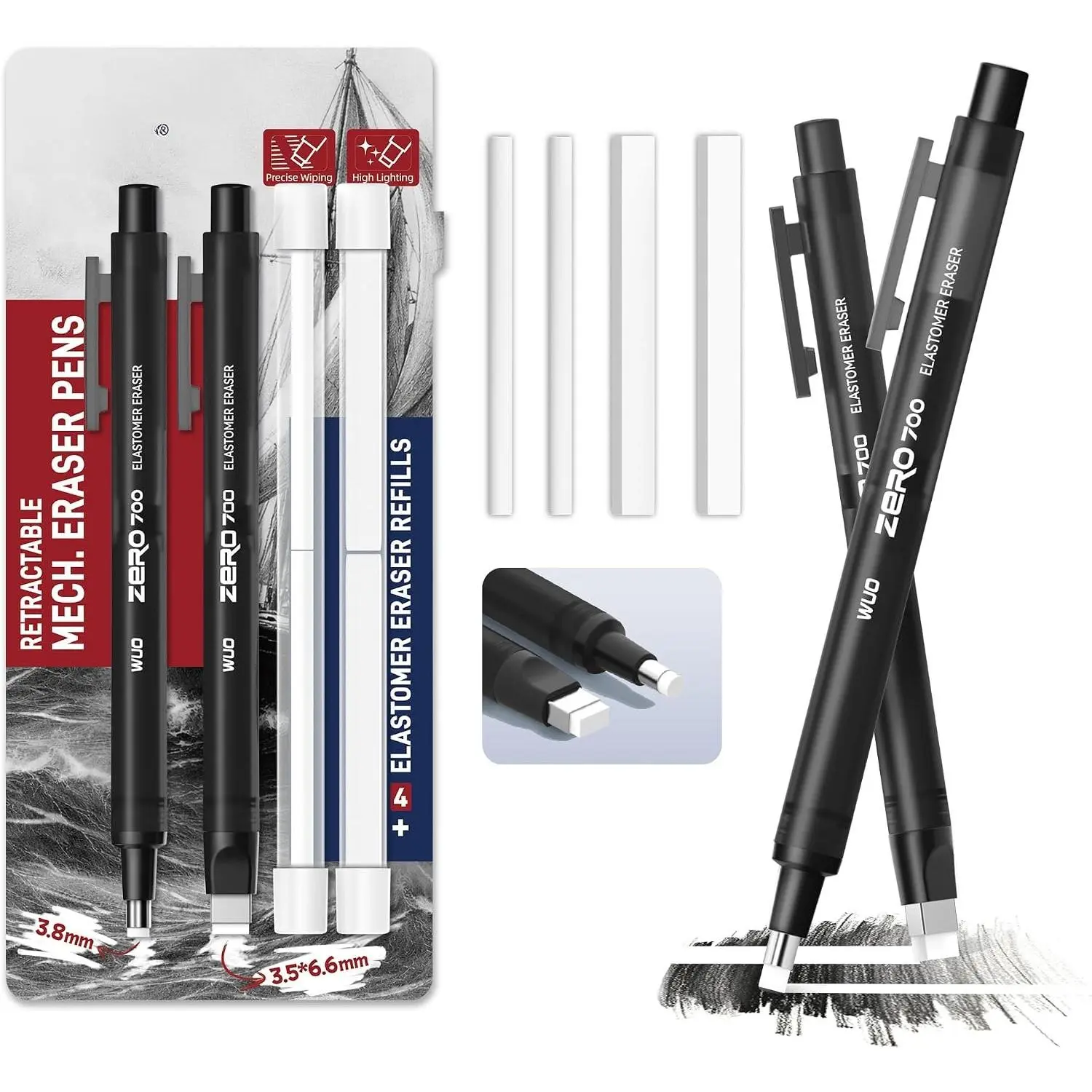 Pen Style Eraser Set, Round & Square Tips, 2 Eraser Pens with 4 Refills | Black, TPE material, round and square tips, for drawing, sketching, drafting, schoolwork, office notes, and detail erasing