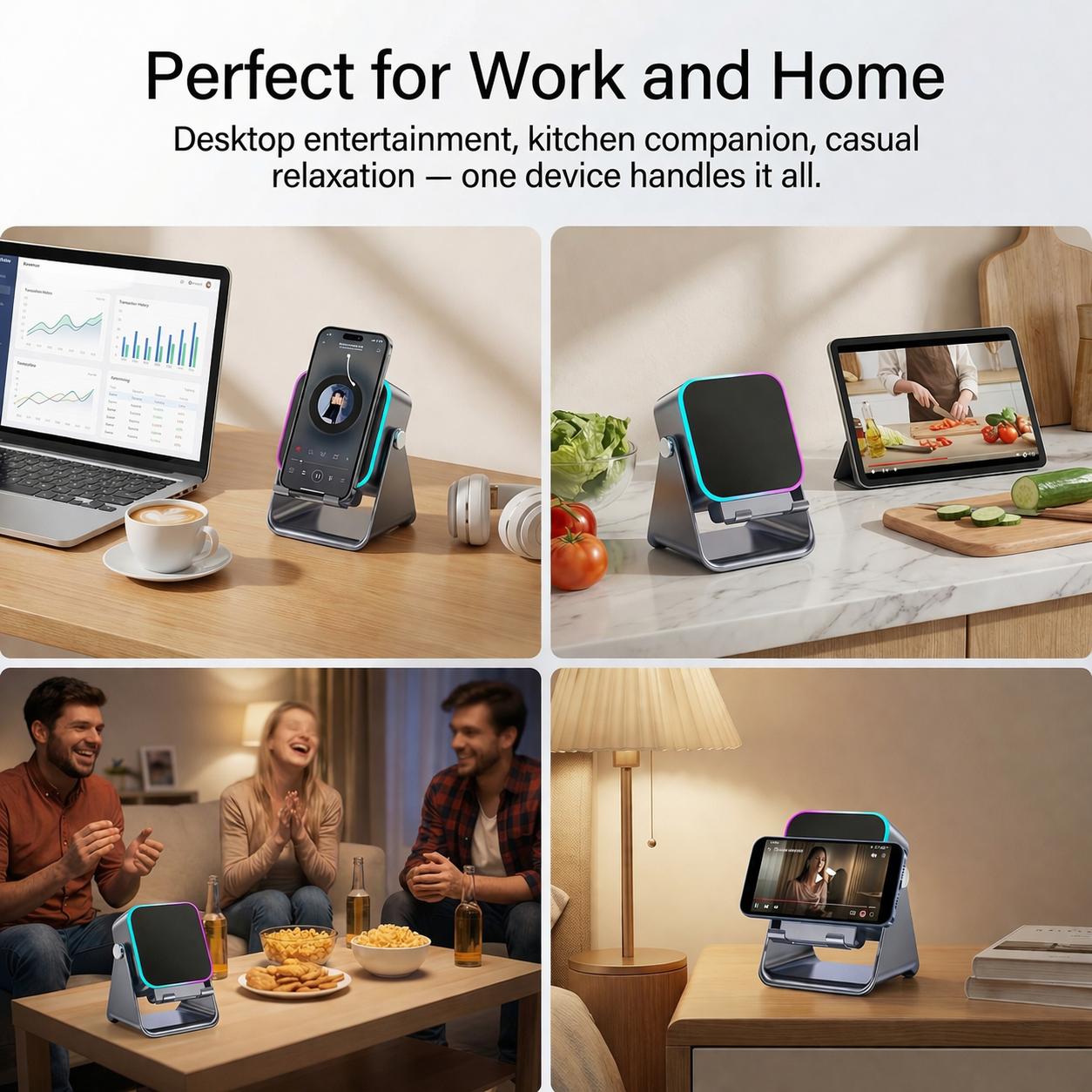 Wireless Induction Audio Speaker Stand with Bluetooth Phone Holder, 5-in-1 Charging Station for iPhone iPad, Adjustable Phone Dock, Portable Desk Stand for Home Office