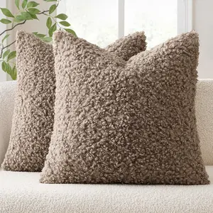 Pack of 2 Teddy Faux Fur Throw Pillow Covers 20x20 Inch Soft Fuzzy Sheepskin Decorative Cushion Cozy Boucle Fleece for Couch Bed Boho Living Room Decor Khaki