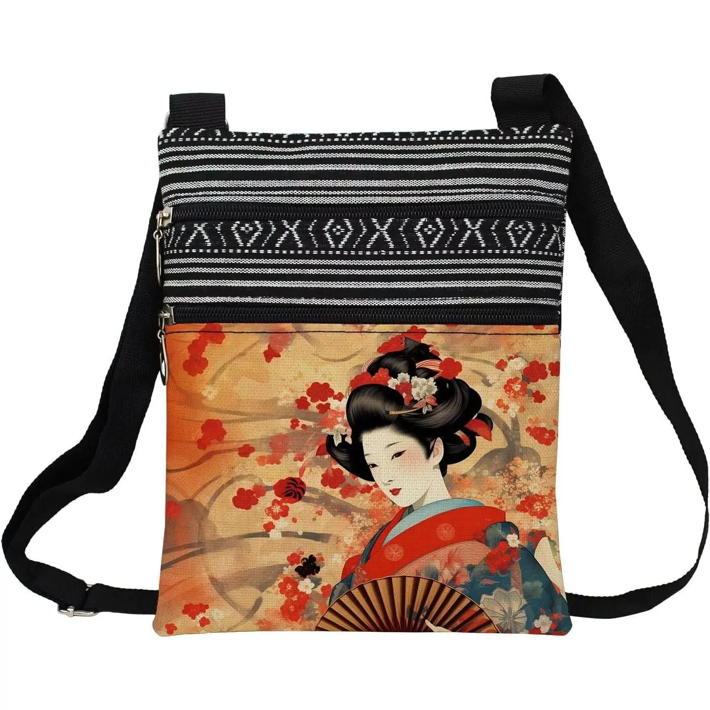 Geisha Messenger Bag Small Ethnic  Printed Adjustable Strap Crossbody Zipper Bag  Geisha Phone Bag Wallet Cute  Handbag for Women