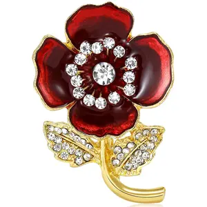 Vintage Red Flower Enamel Rhinestone Brooch Women's Elegant Luxury Jewelry Floral Pin for Holiday Gift