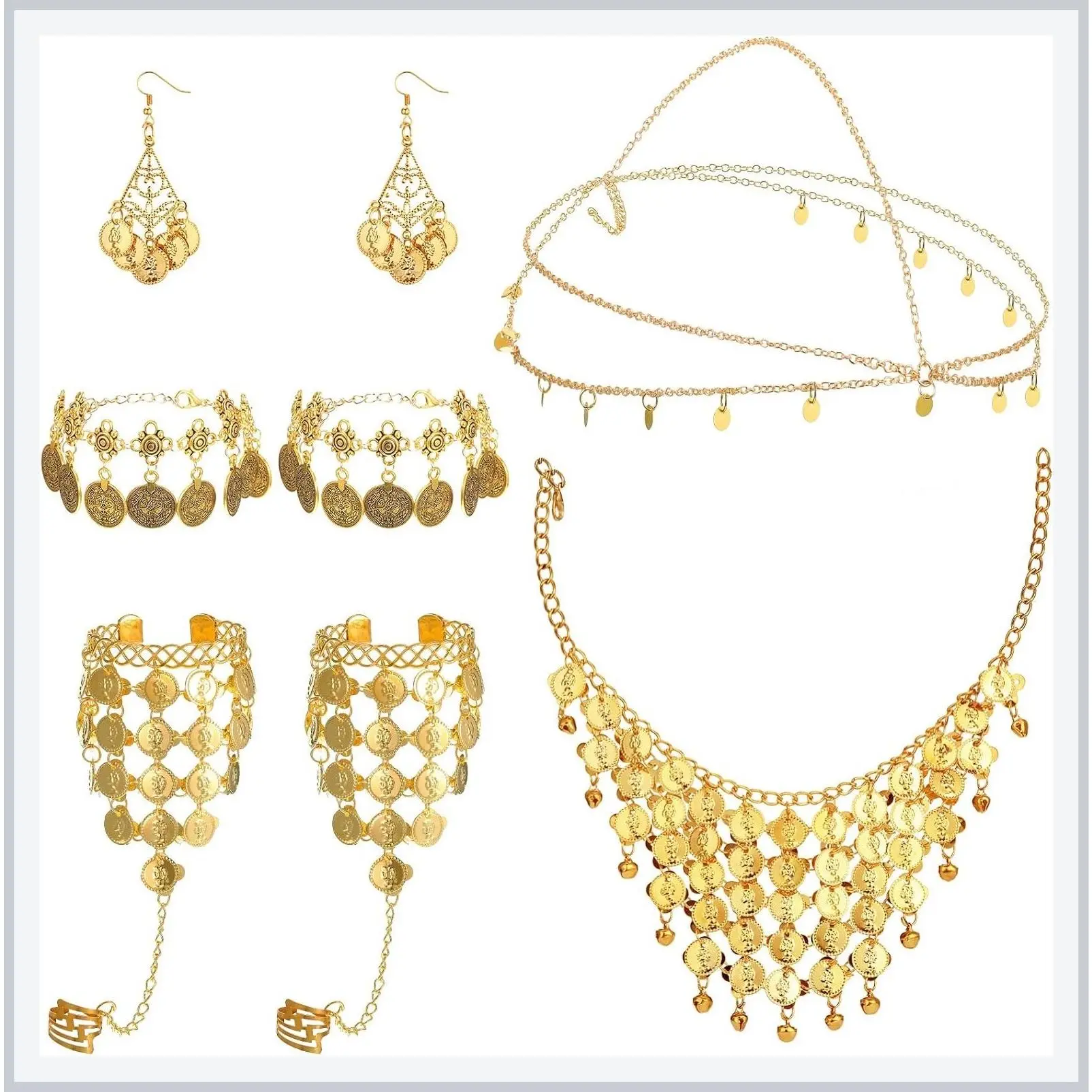 Belly Dance Jewelry Set for Women Gold Coin Necklace Earrings Bracelets