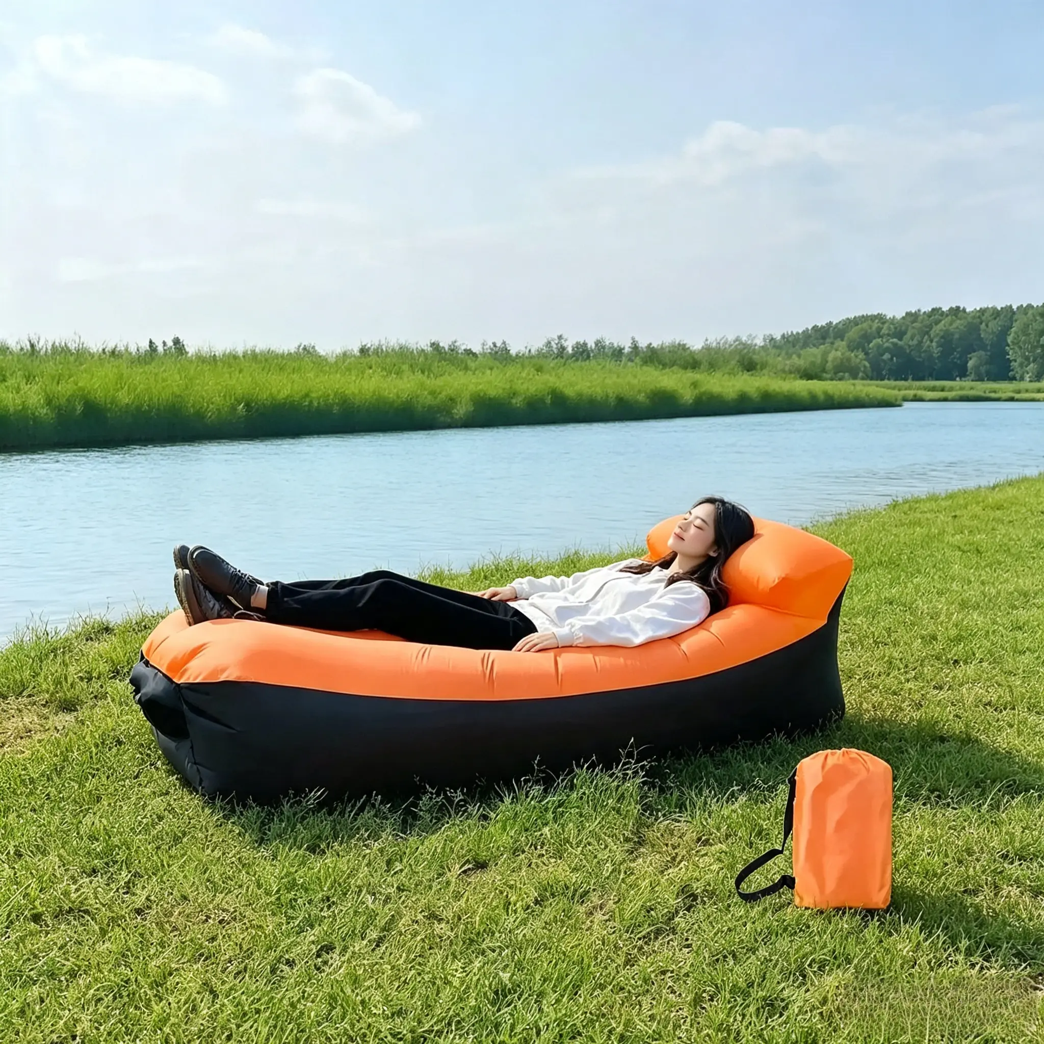 Portable Inflatable Lounger Air SofaWaterproof Camping Couch with Carry Bag| No Pump RequiredRelax Anytime, Anywhere - Perfect for Family Outdoor Adventures