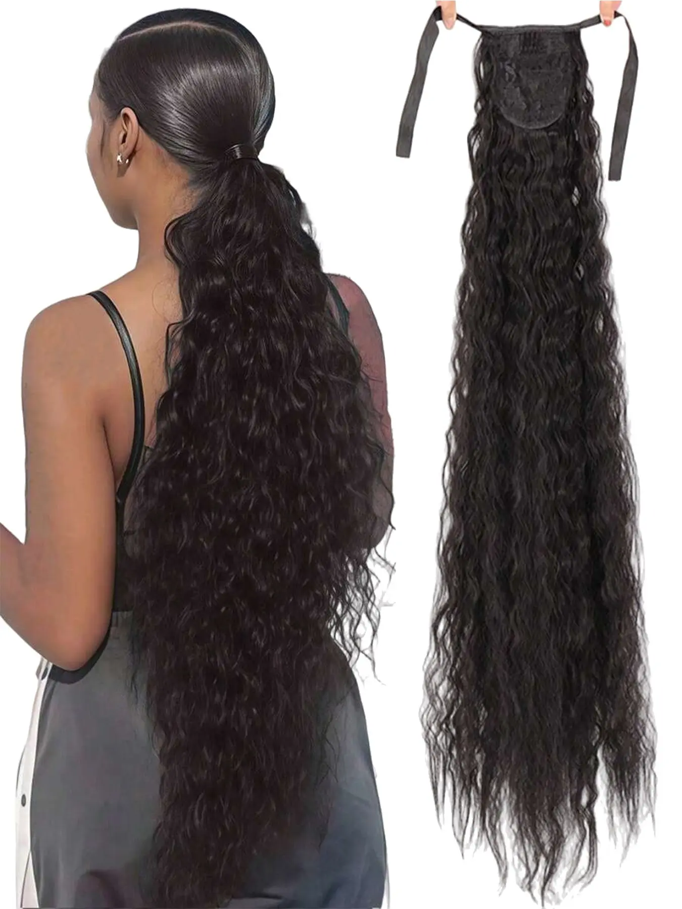 Super Long Corn Wave Ponytail Extension 34Inch Synthetic Wrap Around Curly Wavy Ponytail Hairpiece For Women Daily Party Use Synthetic Ponytail Hairpieces