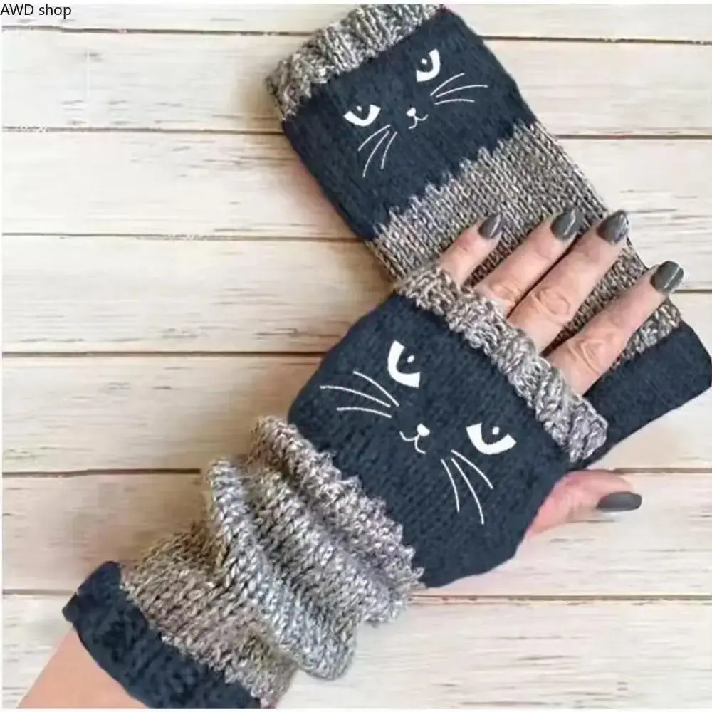Women Knitted Fingerless Gloves, Winter Hand‑Cover Accessory Trendy Cold‑Weather Handwear, Modern Cartoon‑Cat‑Embroidered Knitted Fingerless Gloves, Flexible Ambidextrous Embellished Design, For Winter Casual Wear, Everyday Outfit & Daily Indoor‑Outdoor U