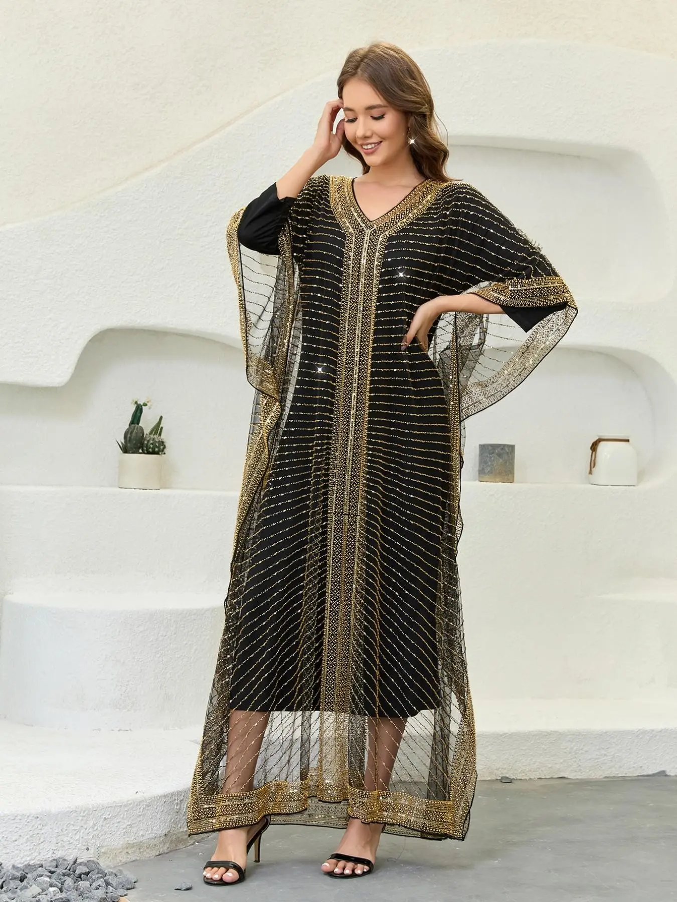 One Size Muslim Abaya for Women, Sparkly Beaded Mesh Batwing Sleeve Long Dress, Elegant Party Kaftan Robe, Outer Abaya Only, No Inner Dress CX22