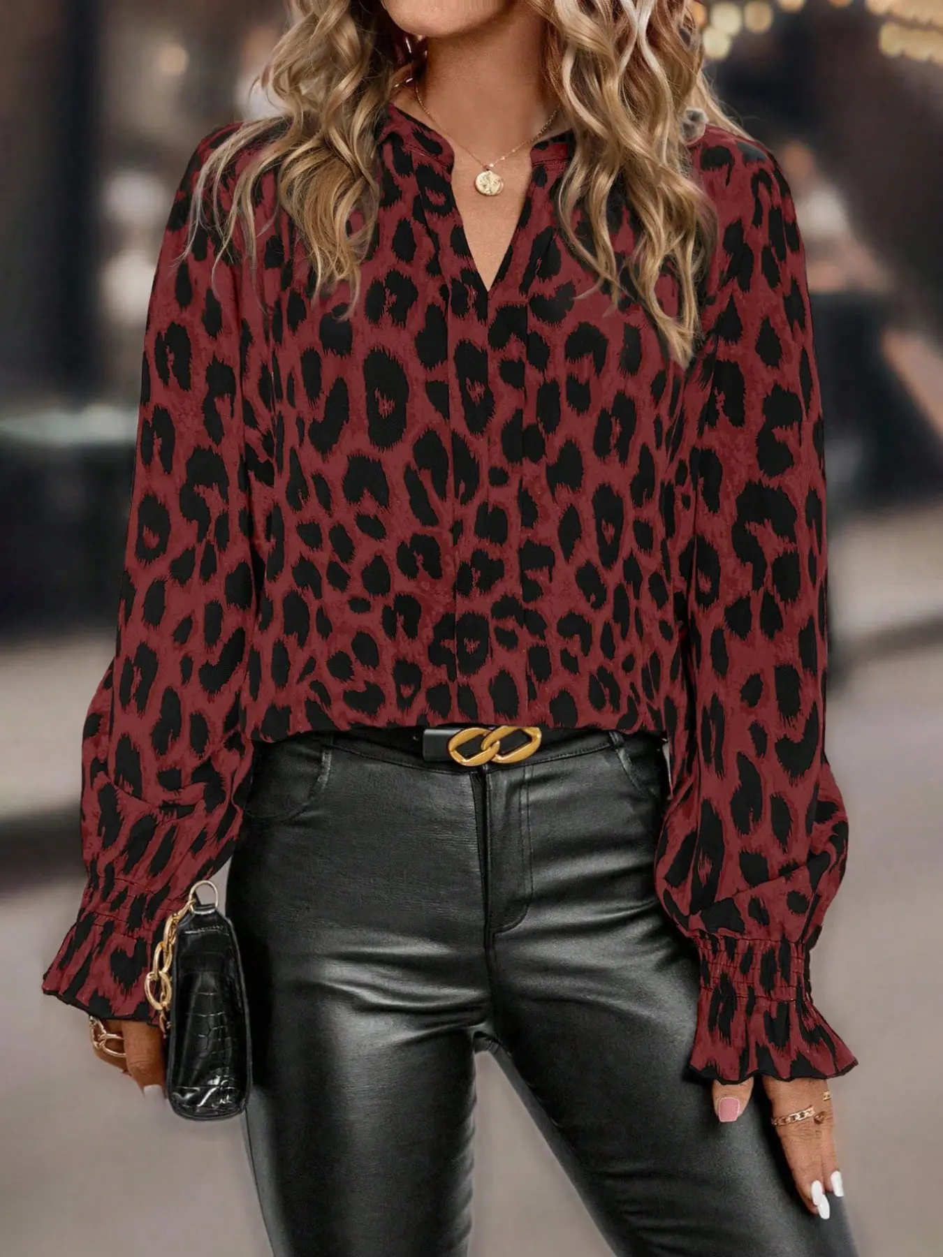 Women's Leopard Print V-Neck Shirt, Blouse, Trendy Long Sleeve Chiffon Top, Loose Fit, Casual, Elastic Cuffs, Fall Fashion, Office Wear, Street Style