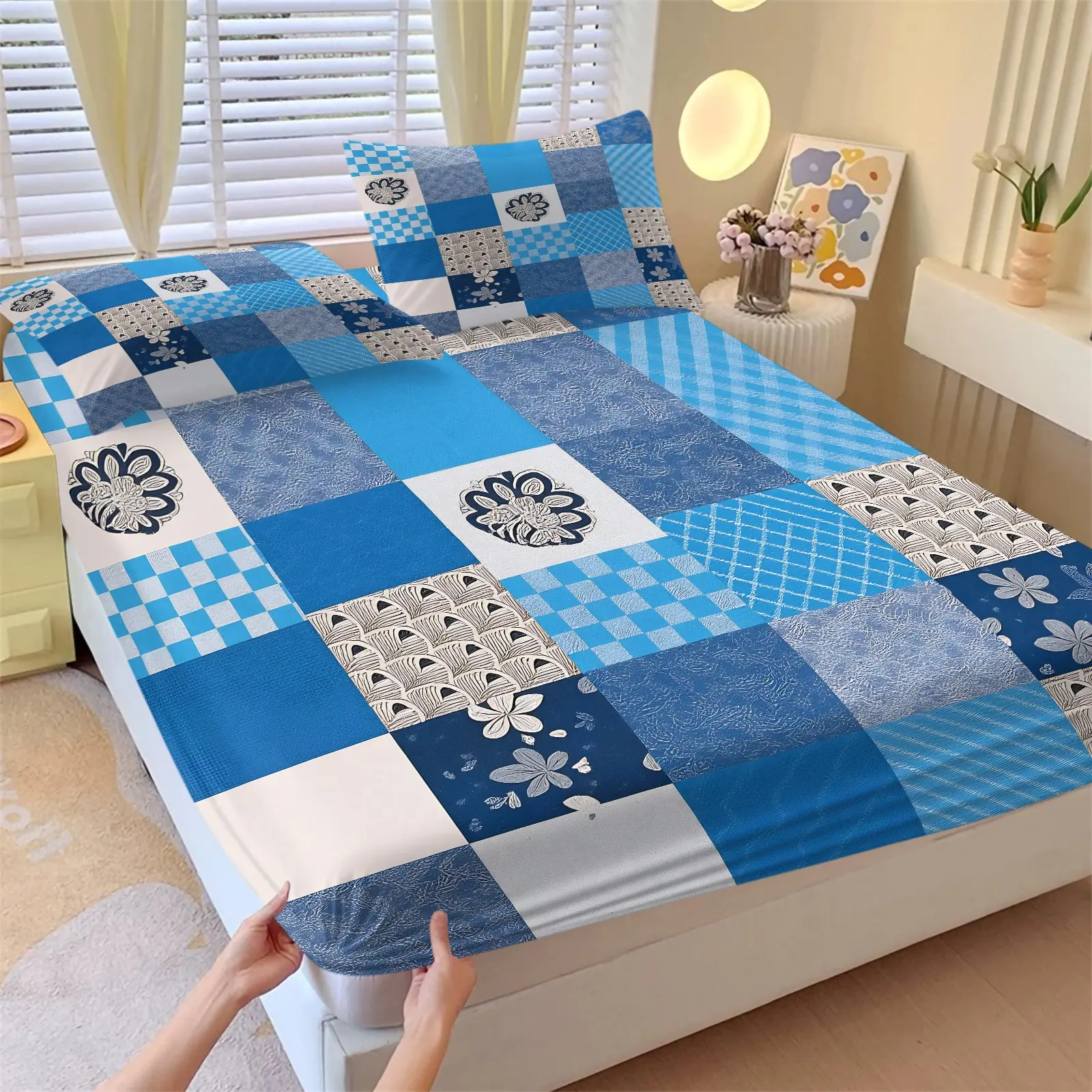 Nordic Blue Patchwork Print Fitted Sheet Set, Includes 2 Pillowcases, Breathable Comfortable Durable Skin-Friendly Anti-Wrinkle Deep Type, Soft All-Season Bedroom Decor