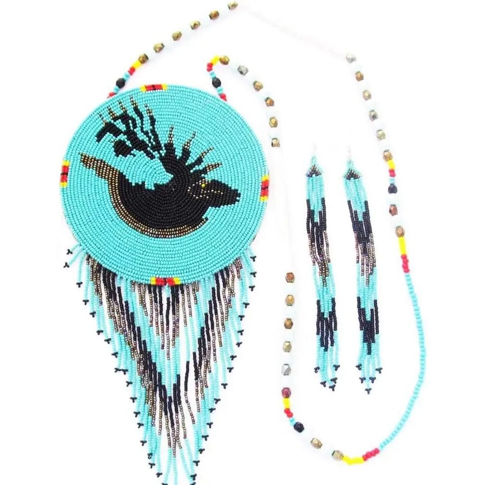 Beaded Medallion Neckce & Earring Set - Seed Bead Boho |  seed beads. Includes matching earrings.  for birthdays, powwows, festivals. Boho and festival wear.
