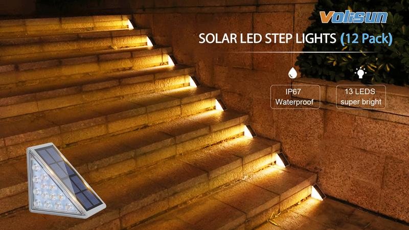 12 Pack Volisun Outdoor Solar Stair Lights 80 lumens IP67 Waterproof LED Step Lighting with Easy Installation for Patio Deck & Garden