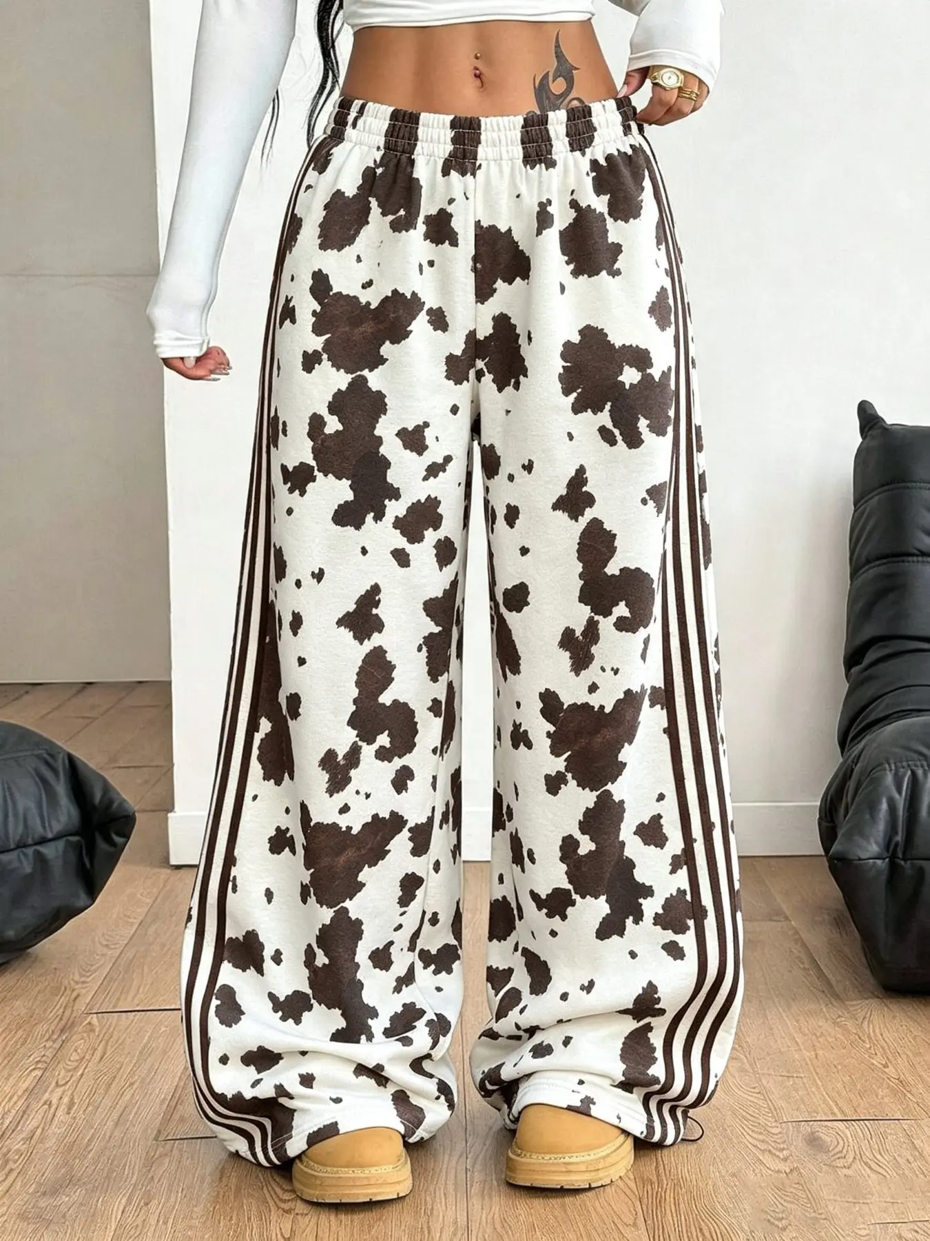 European and American High Street Style Cow Print Wide Leg Pants, Drawstring Waist, Versatile Drop Hem, Casual Sport Long Pants