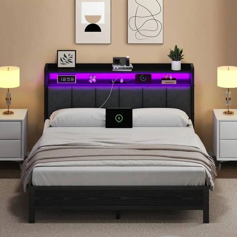 Upholstered Bed Frame With Charging Station, LED Bed Frame With Storage Headboard, Metal Platform Bed Frame With Heavy Duty Metal Slats, No Box Spring Needed, Easy Assembly, Black/ White/ Beige, Twin/ Full/ Queen/ King(USB LED Strip)