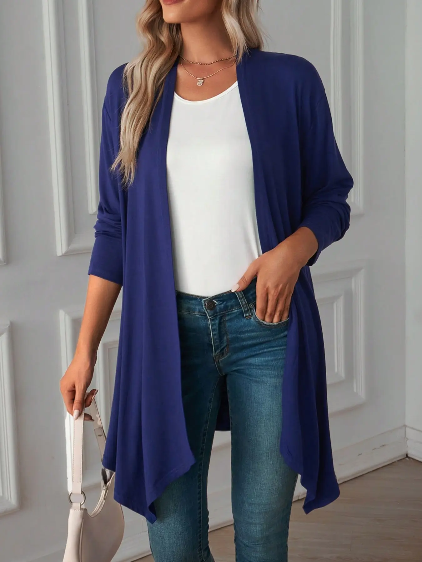Women's Medium-Length Open Front Knit Long Sleeve Cardigan, Lightweight Asymmetrical Hem, Versatile Sun Protection Outerwear Knitwear