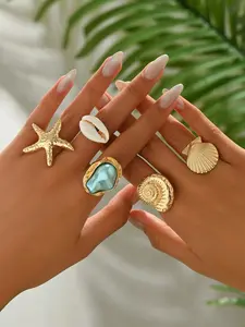 5pcs Set Fashionable Sealife Starfish Shell Rings, Baroque Faux Pearl Knuckle Rings, Casual Daily & Party Wear, Gift for Women