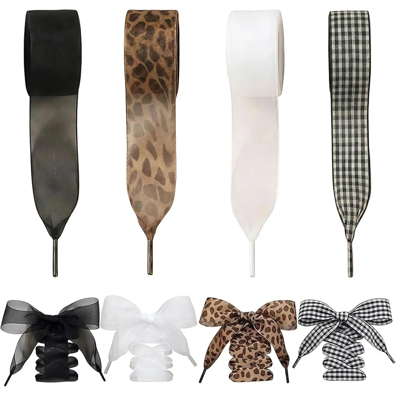 4 Pairs Satin Ribbon Shoelaces for Women Teens,Leopard Print &  Design,Soft Satin Shoe Laces for Sneakers,Cute Fashion  Shoestrings