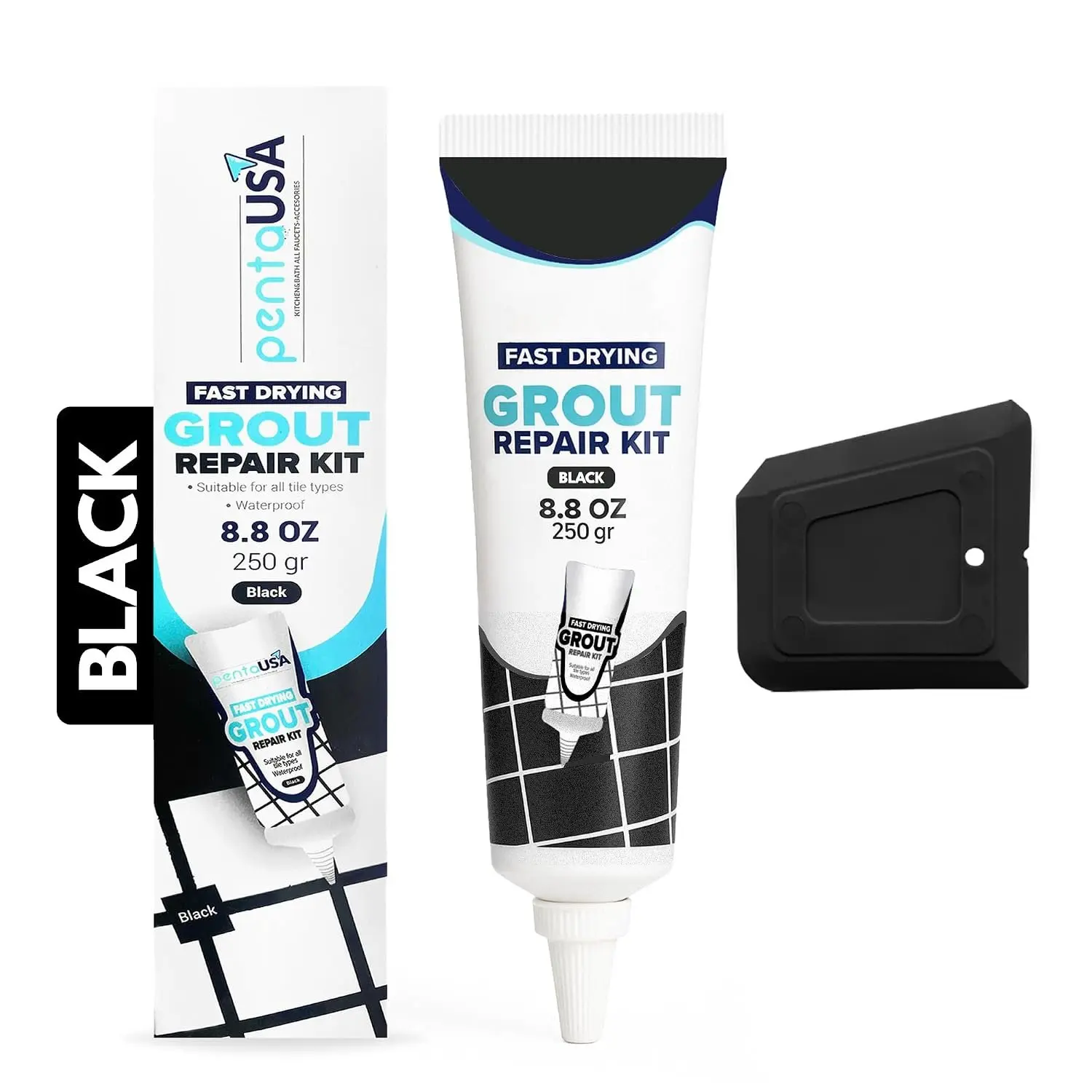 Premixed Tile Grout Repair Kit - Black (8.8oz / 250g) |  Sanded for Bathroom, Shower, and Kitchen Tile Repair, Water-Resistant Tube with Applicator, Fills Cracks and Gaps,