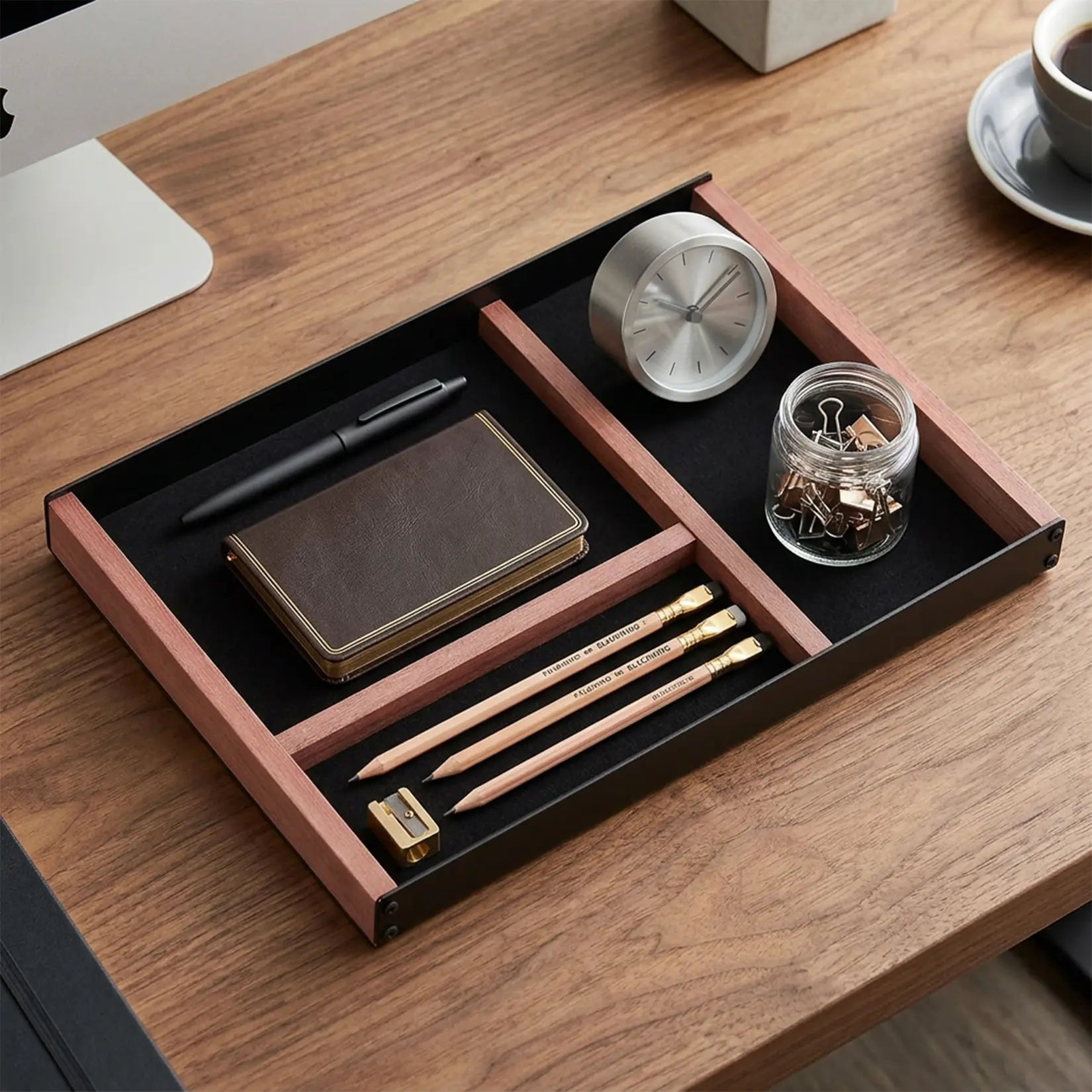 1pc Minimalist 3-Compartment Desk Drawer Organizer, Iron & Paulownia Wood Office Drawer Caddy, Multi-Purpose Storage for Pens, Keys, Phone & Accessories, Black & Wood Tone
