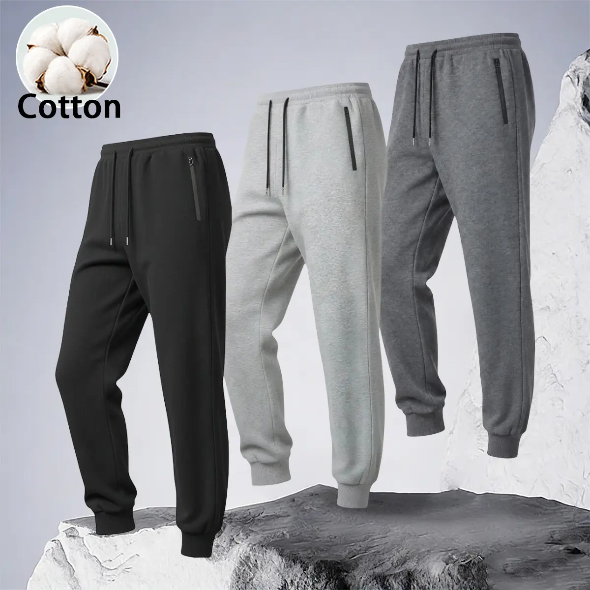 Men Cotton Jogger Sweatpants, Elastic Drawstring Waist Casual Tapered Pants, Zipper Pocket Cuffed Track Pants, Soft Breathable Athletic Sweat Pants for Workout Running Daily Streetwear