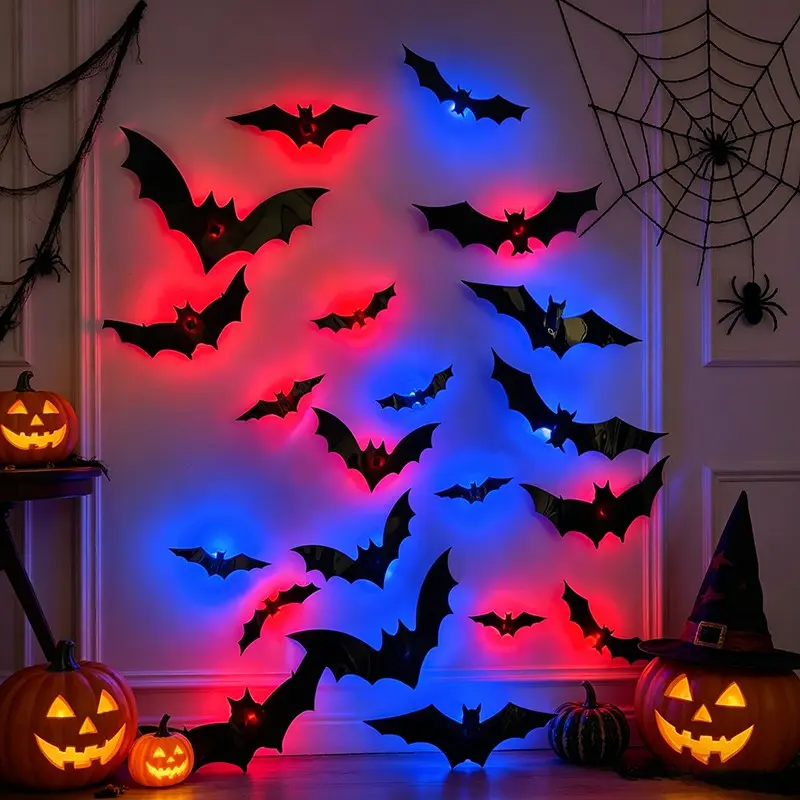 36pcs Halloween Bat Wall Lights, Waterproof PVC Decorative Lamps, Outdoor Lighted Party Supplies, Window Desktop Door Decorations