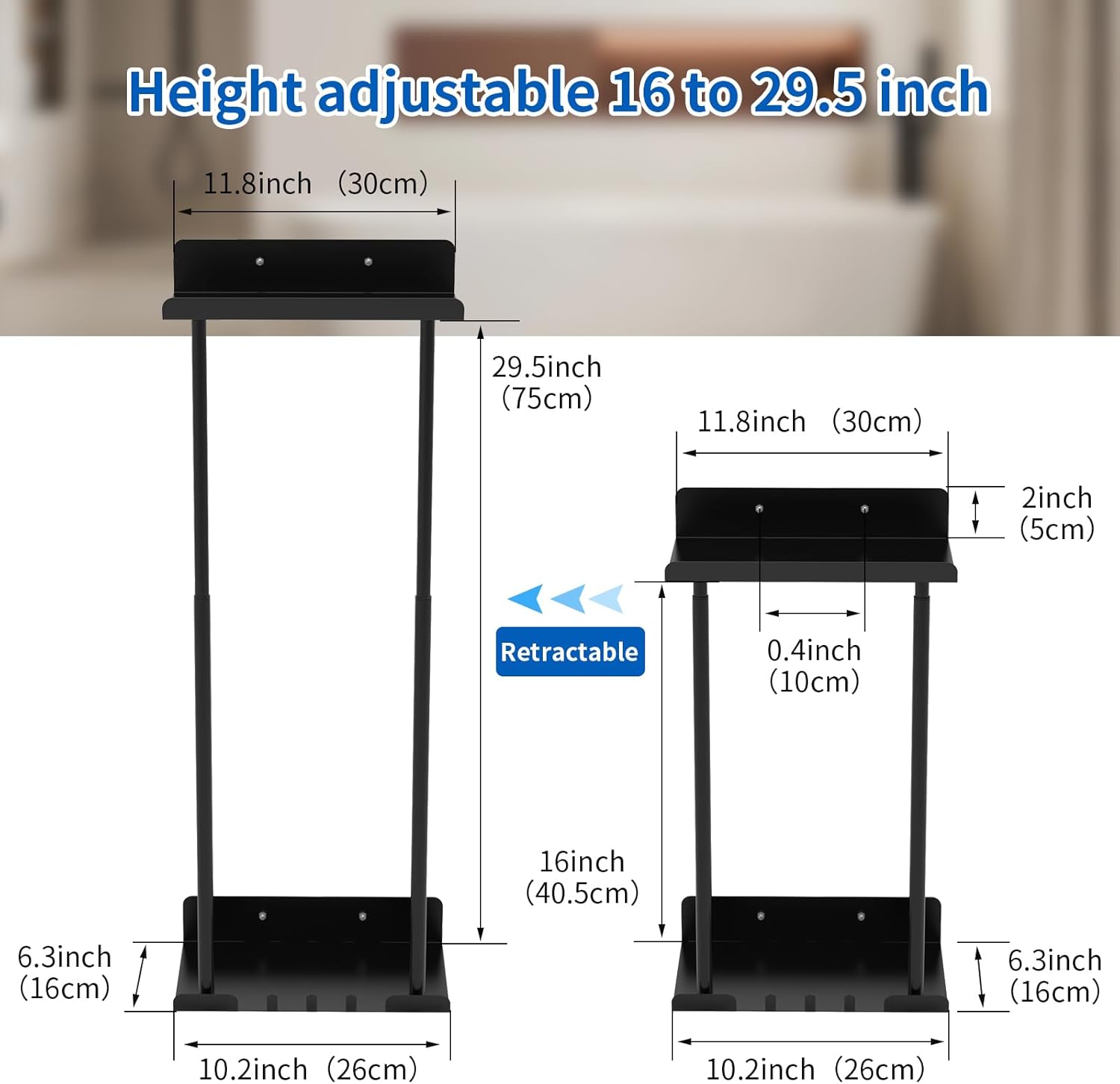 Hommtina Black Retractable Height Metal Towel Rack with Reliable Hooks for Rolled Towel Storage and Bathroom Wall Mounting - Large-Capacity, Rust-Proof, Durable Shower Organizer