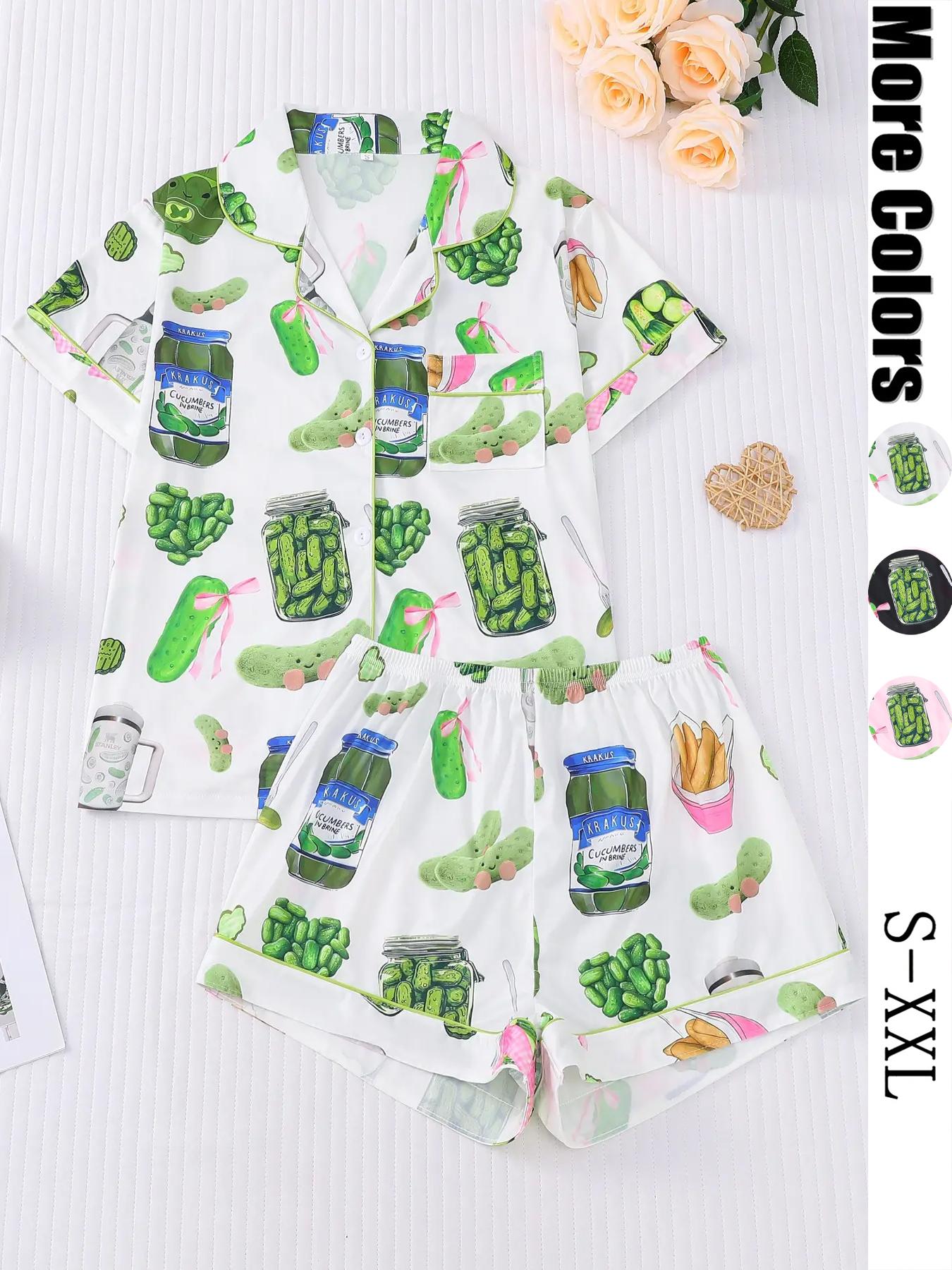 Women's Cucumber Print Short Sleeve Pajama Set, Casual Comfy Button Front Chest Pocket Design Lapel Neck Top & Elastic Waist Shorts PJ Set, Ladies Sleepwear Loungewear